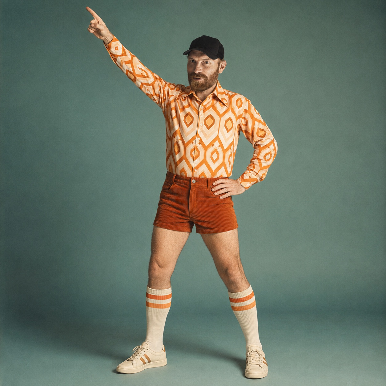 AI-generated 1970s fashion remix of Rupert Barksfield in short shorts and retro sportswear. Fictional photo shoot.